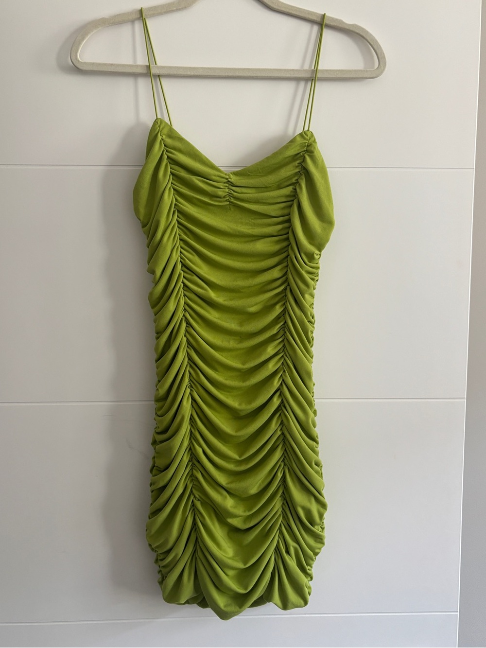 Revamped Lime Green Ruched Spaghetti-Strap Mini Dress